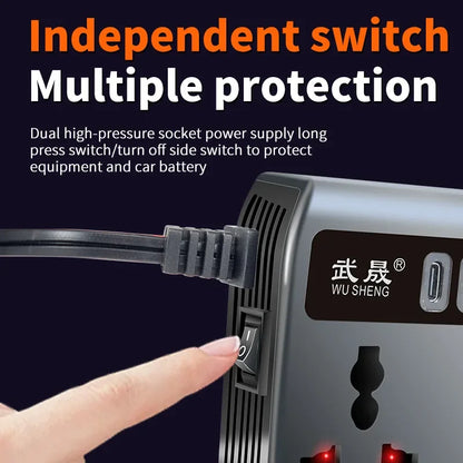 200W Car Power Inverter — 12V to 110V / 24V to 220V, 9 Outputs, AC + USB-C PD + QC3.0 + USB-A