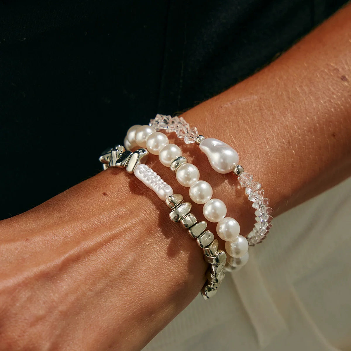 Vintage Bead Strand Bracelet — Irregular Glass & Imitation Pearl Beads, Geometric, Women’s Fashion Jewelry