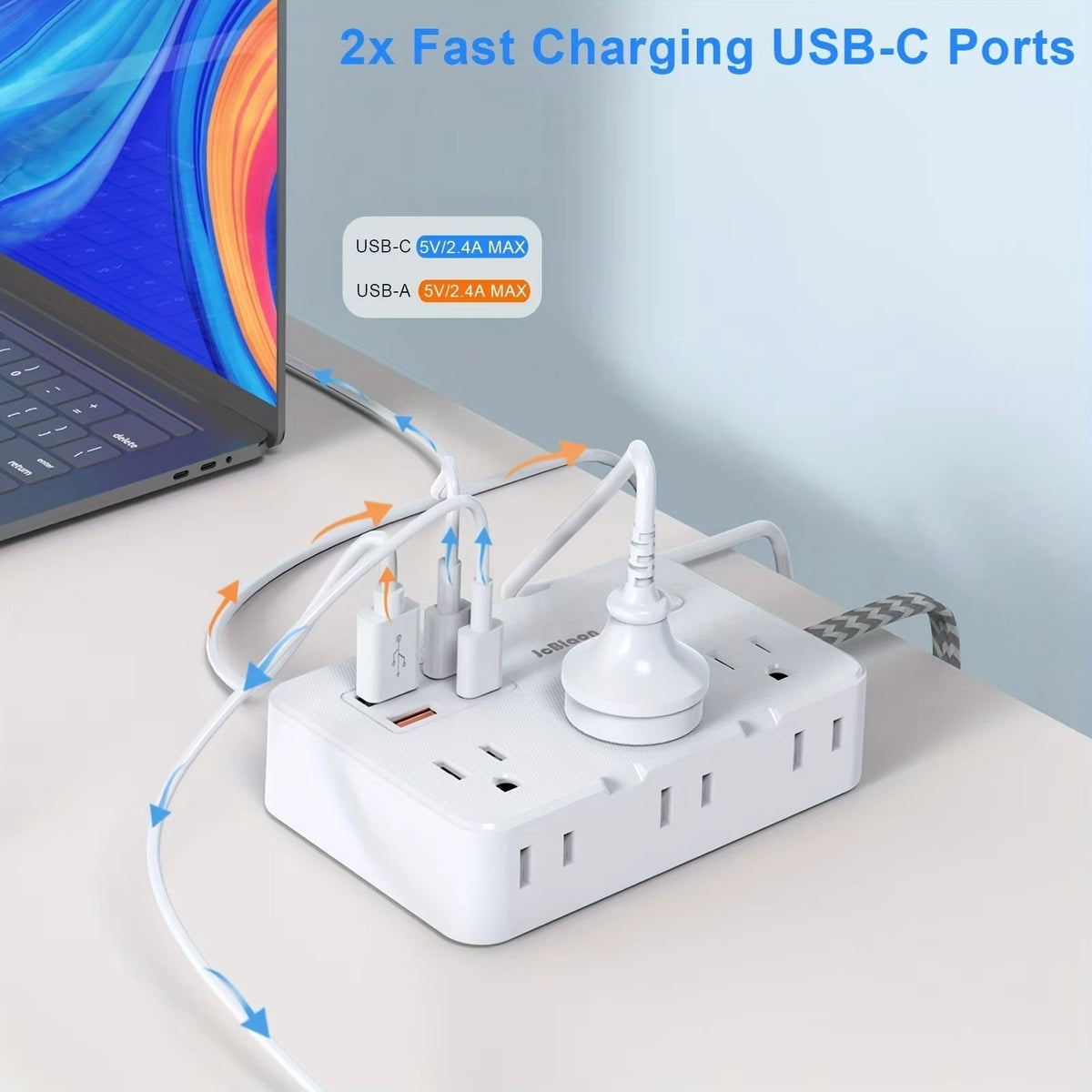 Power Strip with USB-C — 3 AC Outlets, 3 USB Ports, Surge Protection, Flat Plug