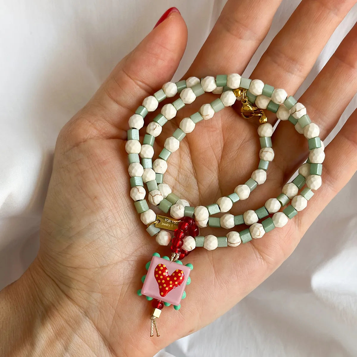 White Turquoise Bead & Heart Glass Pendant Necklace — Stainless Steel, 50cm, Boho Sweater Chain, 4 Styles