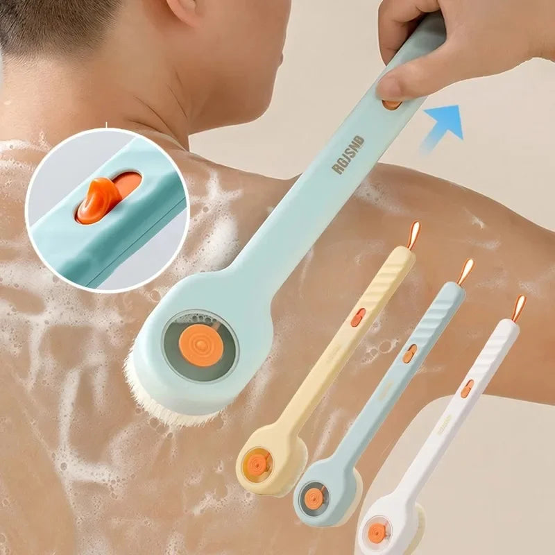 Liquid-Filled Long Handle Bath Brush — Soft Bristles, Back Scrubber, Shower Tool, All Skin Types