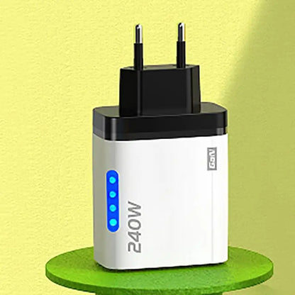 240W 5-Port GaN Wall Charger — 3x USB-C PD + 2x USB-A QC3.0, Compact, CE/UL Certified, US & EU Plug