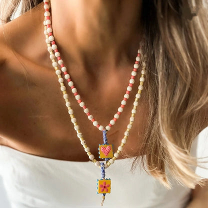 White Turquoise Bead & Heart Glass Pendant Necklace — Stainless Steel, 50cm, Boho Sweater Chain, 4 Styles