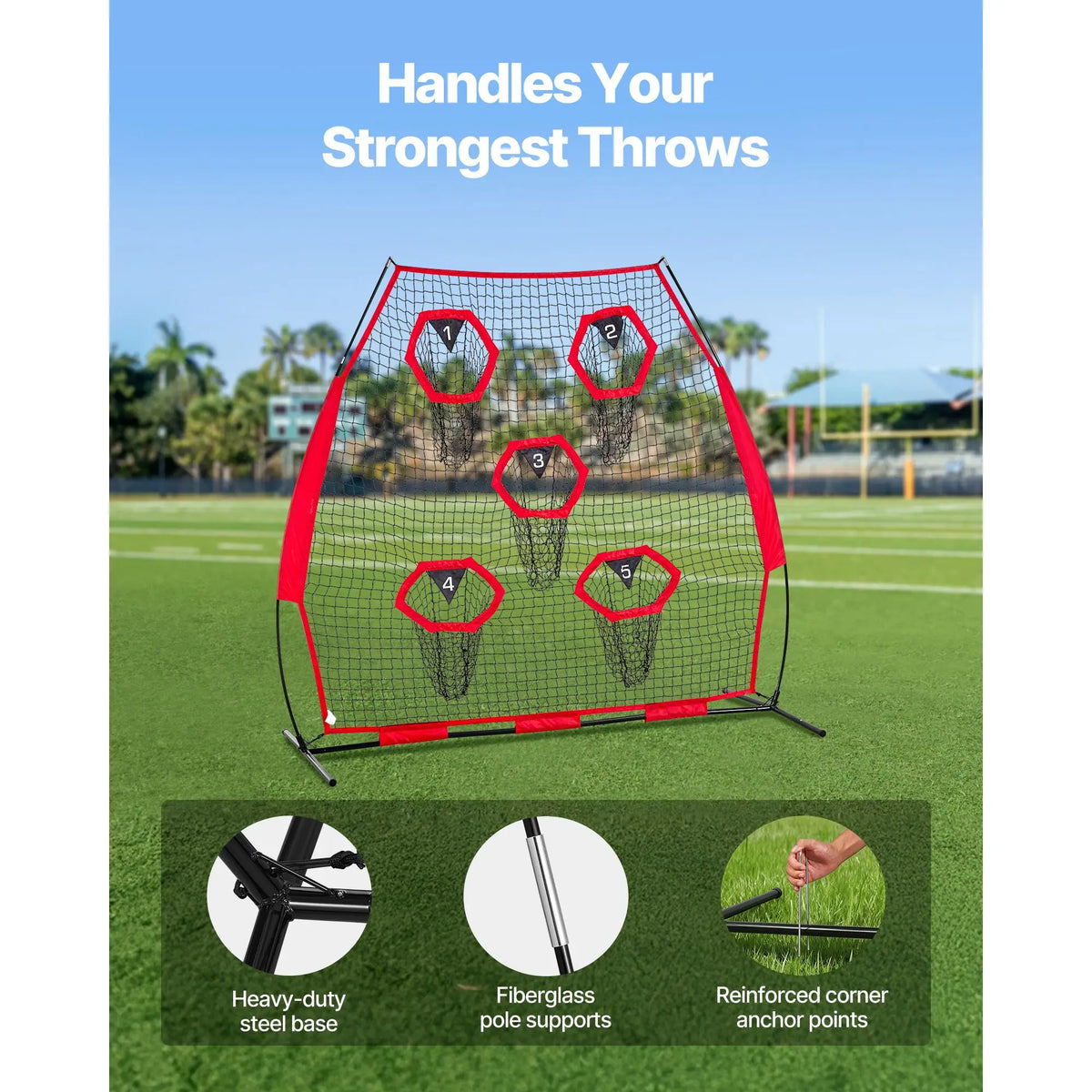 7x7 ft Football Trainer Throwing Net — 5 Target Pockets, Quick Setup, Portable Carry Bag