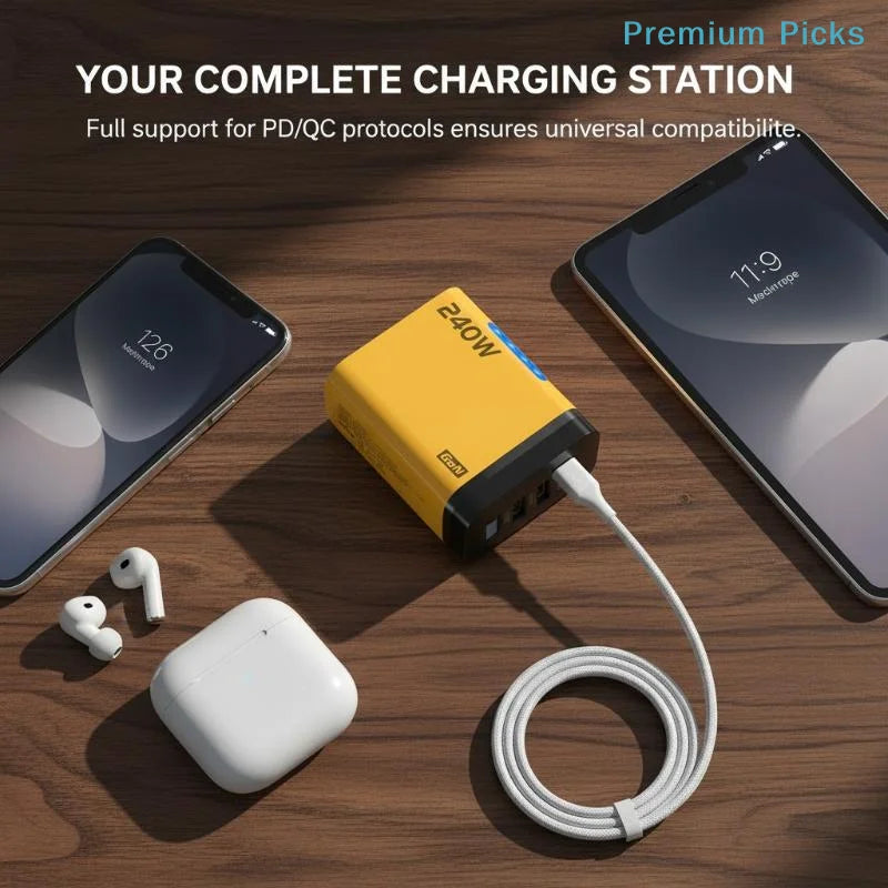 240W 5-Port GaN Wall Charger — 3x USB-C PD + 2x USB-A QC3.0, Compact, CE/UL Certified, US & EU Plug