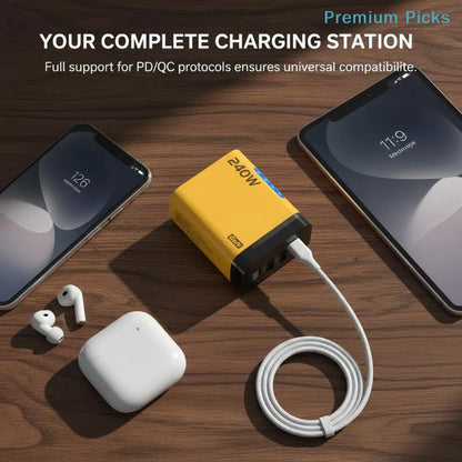 240W 5-Port GaN Wall Charger — 3x USB-C PD + 2x USB-A QC3.0, Compact, CE/UL Certified, US & EU Plug