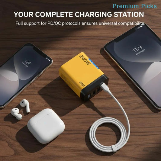 240W 5-Port GaN Wall Charger — 3x USB-C PD + 2x USB-A QC3.0, Compact, CE/UL Certified, US & EU Plug