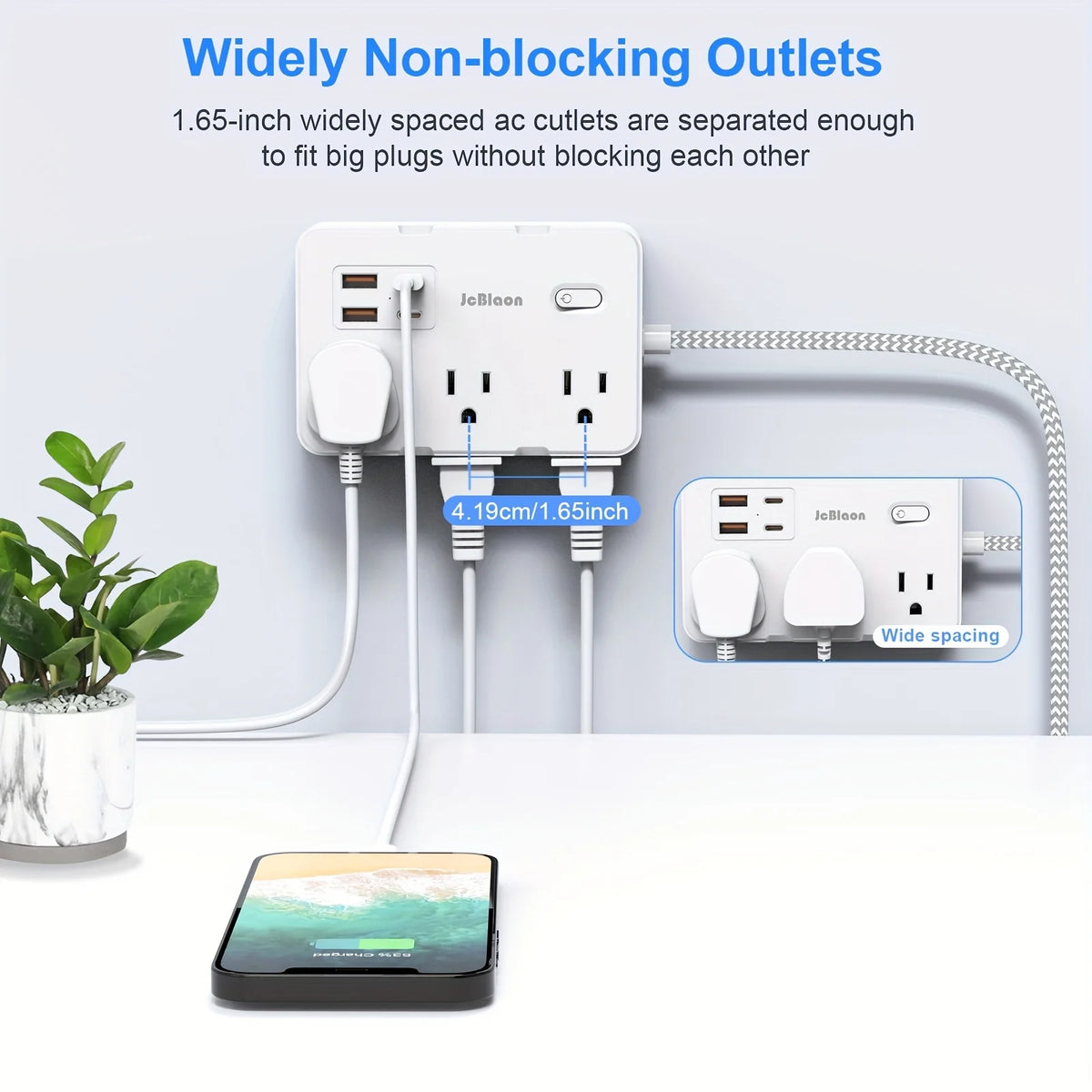 Power Strip with USB-C — 3 AC Outlets, 3 USB Ports, Surge Protection, Flat Plug