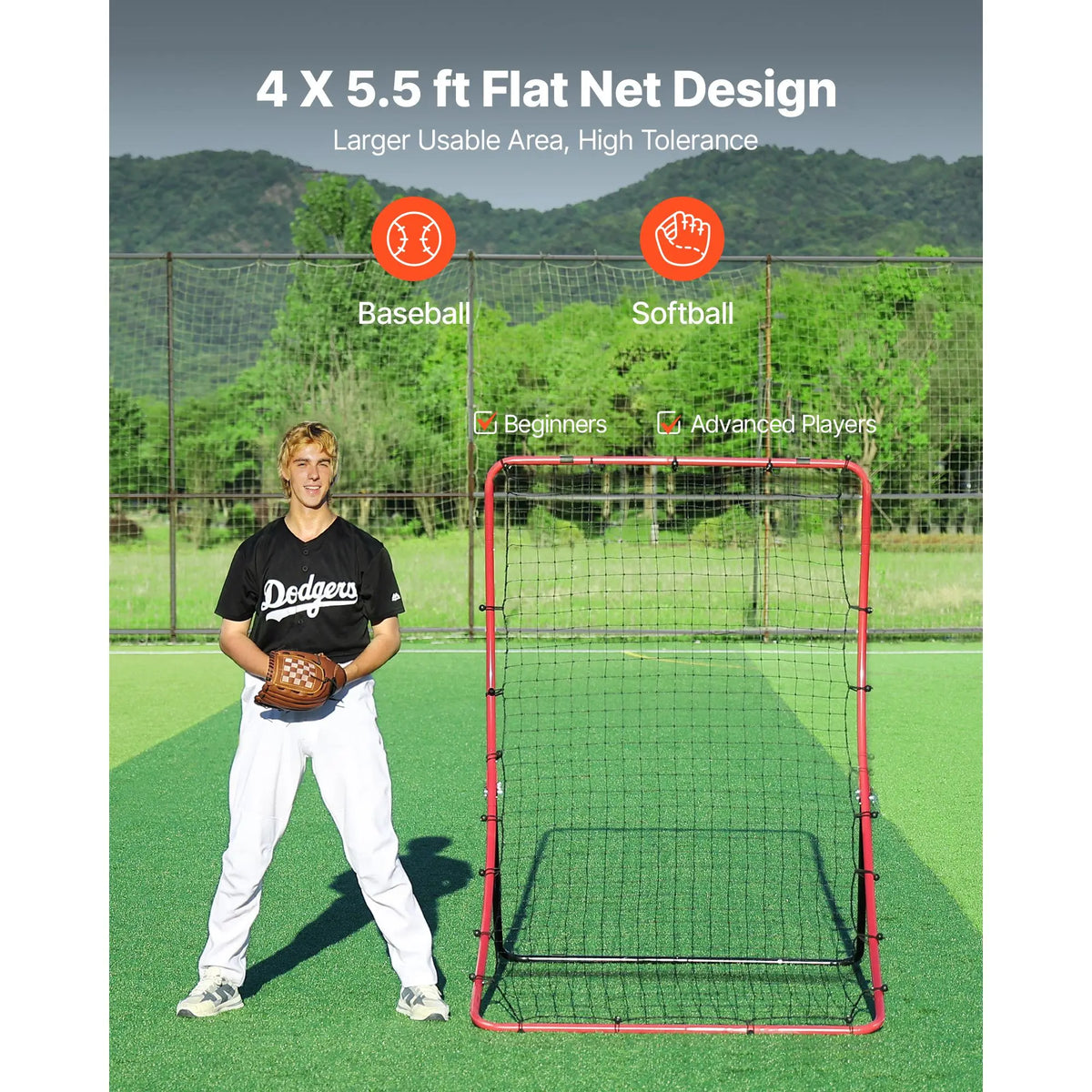 4x5.5 ft Baseball & Softball Rebounder Net — Heavy-Duty Steel, 5 Adjustable Angles, Solo Training