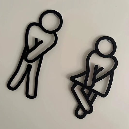 Funny Bathroom Door Signs — Men & Women 2-Piece Set, Matte Black Plastic, No-Drill Install