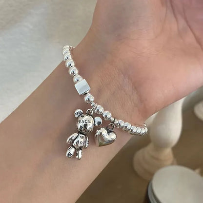 Ventfille 925 Sterling Silver Bear Pendant Bead Bracelet — Zircon, Cuff Style, Vintage Cute, Women’s Fine Jewelry