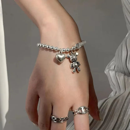 Ventfille 925 Sterling Silver Bear Pendant Bead Bracelet — Zircon, Cuff Style, Vintage Cute, Women’s Fine Jewelry