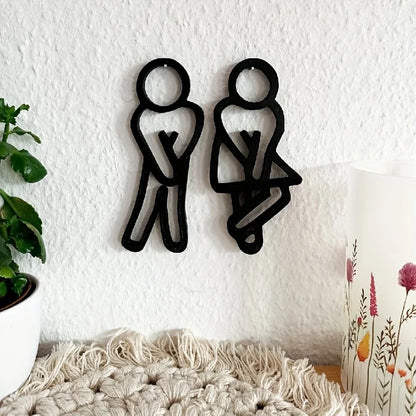 Funny Bathroom Door Signs — Men & Women 2-Piece Set, Matte Black Plastic, No-Drill Install