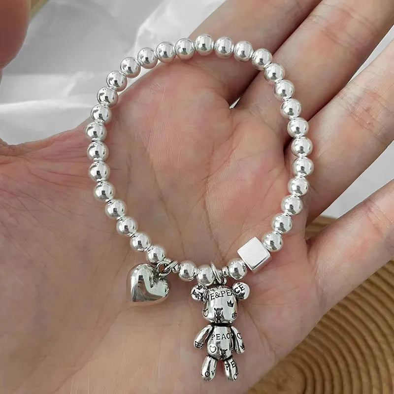 Ventfille 925 Sterling Silver Bear Pendant Bead Bracelet — Zircon, Cuff Style, Vintage Cute, Women’s Fine Jewelry