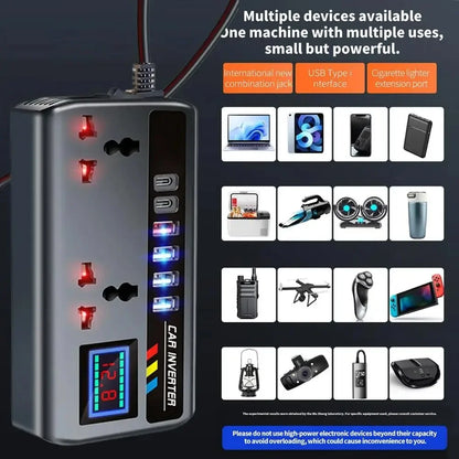200W Car Power Inverter — 12V to 110V / 24V to 220V, 9 Outputs, AC + USB-C PD + QC3.0 + USB-A