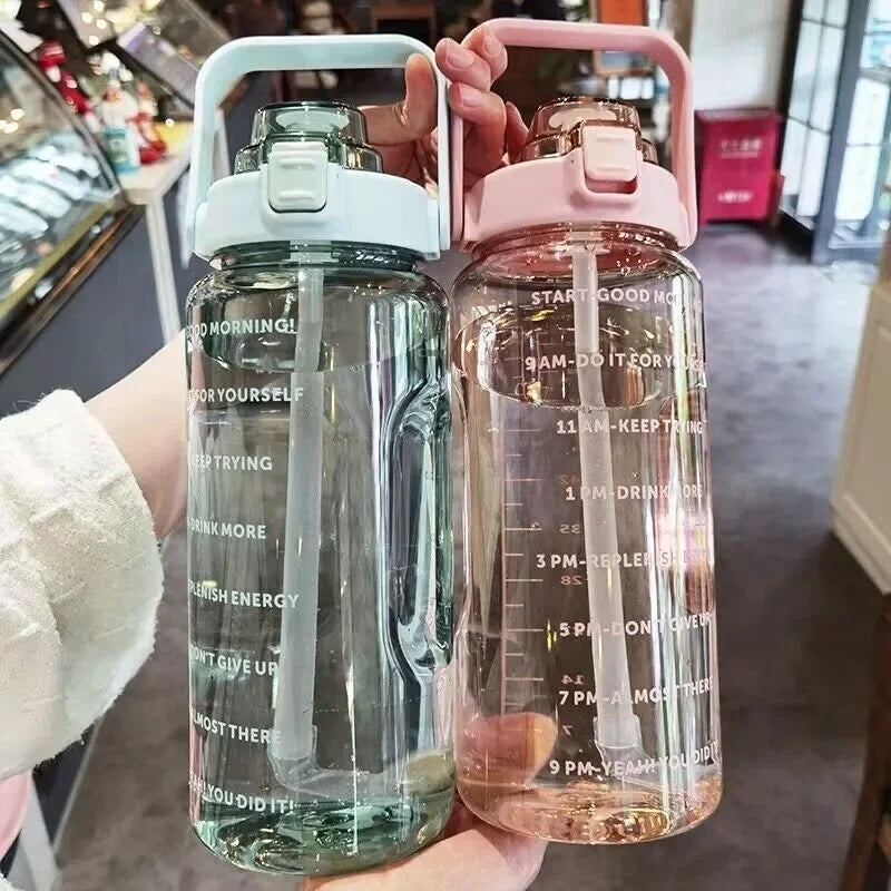 2L Motivational Water Bottle with Straw — Time Markers, One-Click Lid, Wide Mouth, 5 Colors