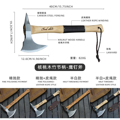 Multifunctional Forged Steel Camping Hatchet — Wood Handle, 40cm, Eagle Nail Pull, Portable
