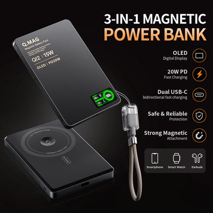 3-in-1 Magnetic Wireless Power Bank — Qi2.1, 15W, LCD Display, 5000 or 10000mAh, iPhone & Apple Watch