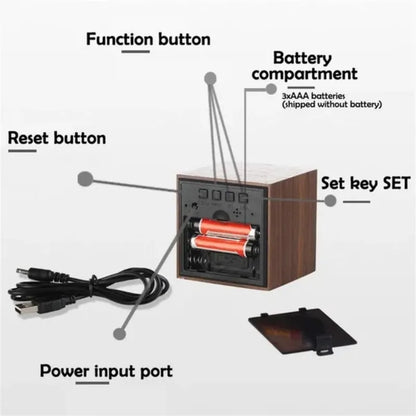 Voice Control LED Alarm Clock – Smart Wood Design with Temperature Display