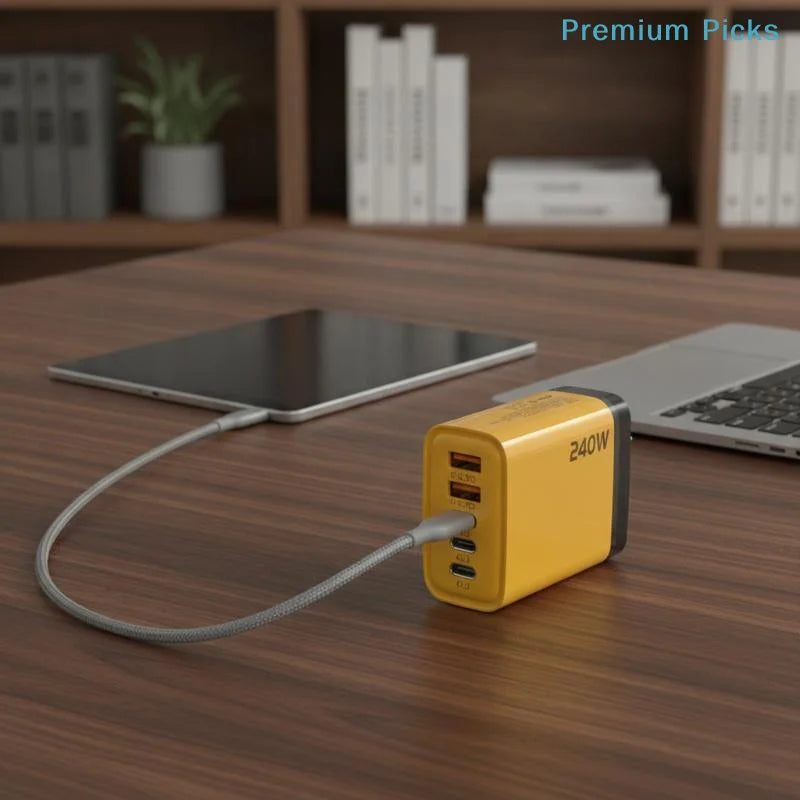 240W 5-Port GaN Wall Charger — 3x USB-C PD + 2x USB-A QC3.0, Compact, CE/UL Certified, US & EU Plug