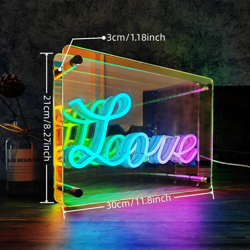 3D LED Neon Sign — LOVE or XOXO, Infinity Mirror Effect, Bedroom, Party & Gift Decor