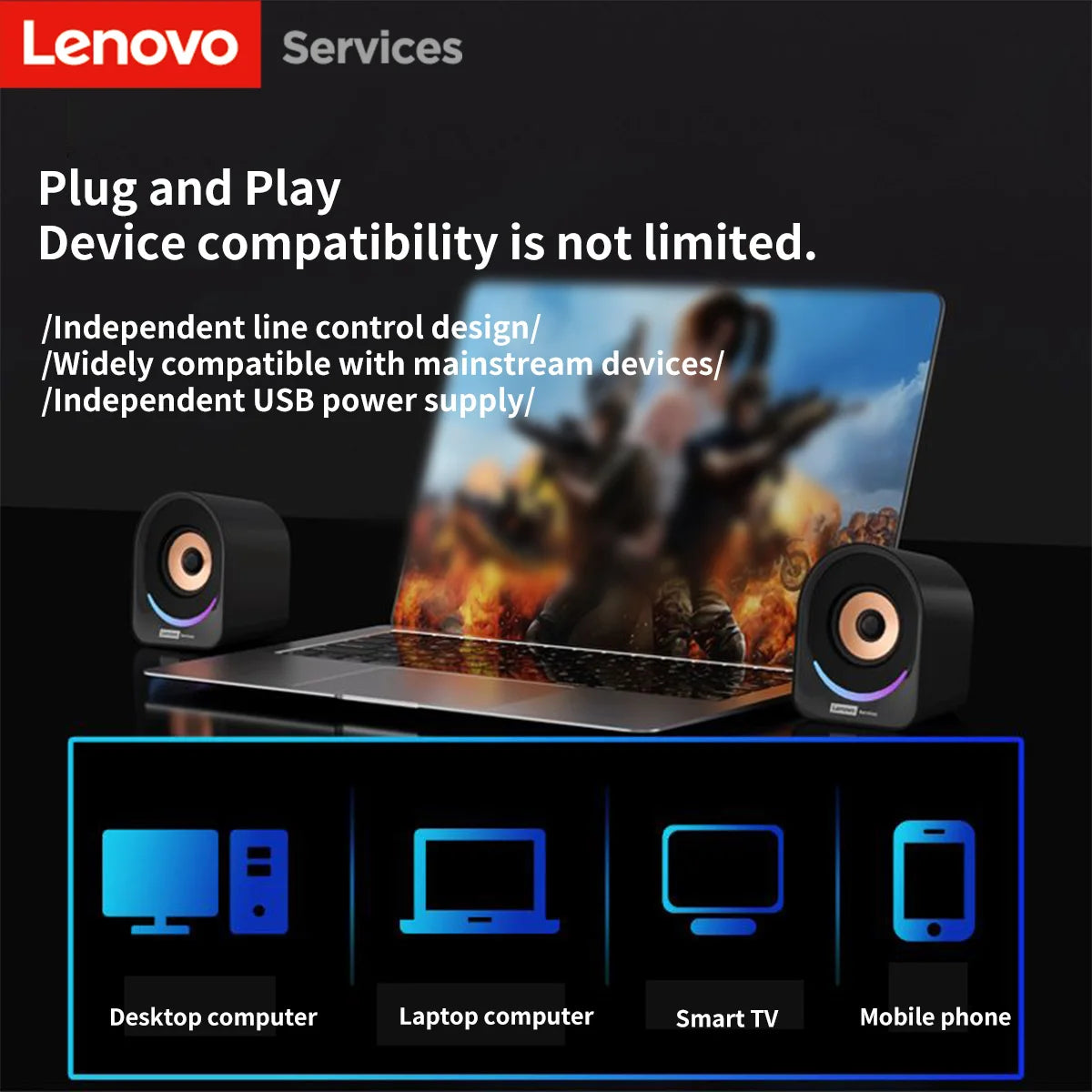 Lenovo Desktop Speakers — 2.0 Stereo, USB-Powered, AUX Input, Wired for PC & Laptop