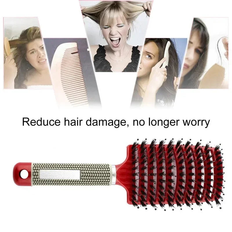 Boar Bristle Scalp Massage Hairbrush — Anti-Static, Detangling, Straight & Curly Hair, 7 Colors