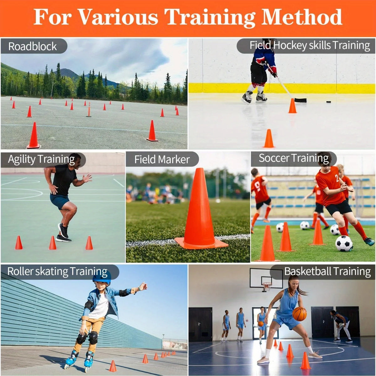 7" Sports Training Cones — Orange Plastic, Sets of 12, 24 or 50, for Soccer, Football, Basketball & Drills