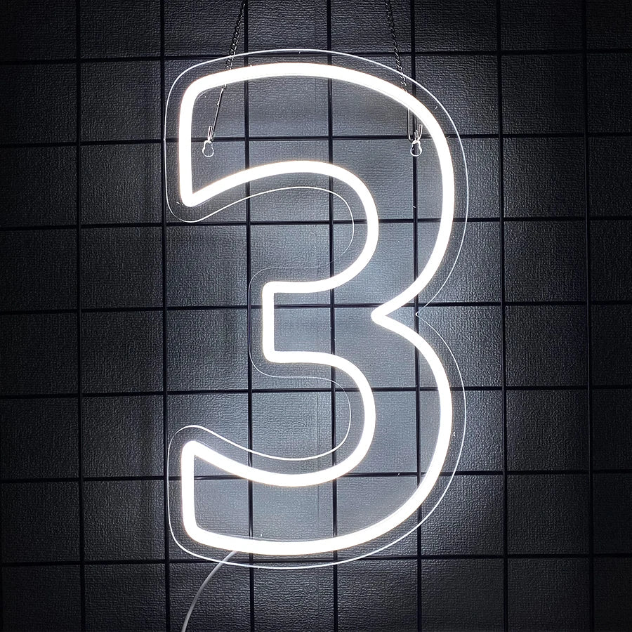 LED Neon Number Sign (0–9) — White, USB-Powered, Acrylic, Wall Decor for Birthdays & Events