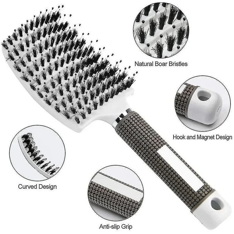 Boar Bristle Scalp Massage Hairbrush — Anti-Static, Detangling, Straight & Curly Hair, 7 Colors