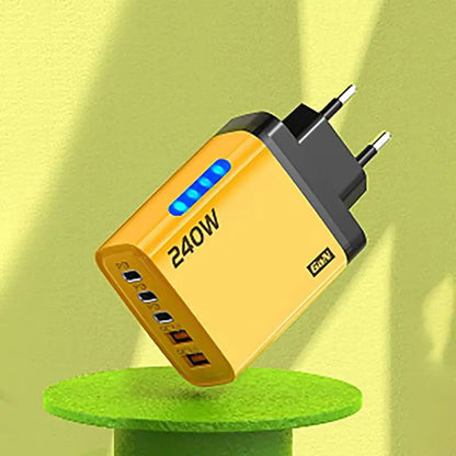 240W 5-Port GaN Wall Charger — 3x USB-C PD + 2x USB-A QC3.0, Compact, CE/UL Certified, US & EU Plug