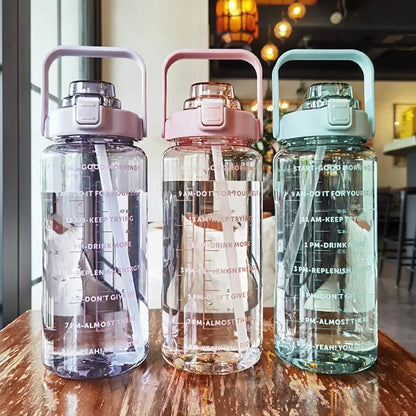 2L Motivational Water Bottle with Straw — Time Markers, One-Click Lid, Wide Mouth, 5 Colors