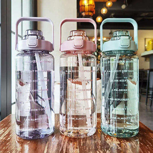 2L Motivational Water Bottle with Straw — Time Markers, One-Click Lid, Wide Mouth, 5 Colors