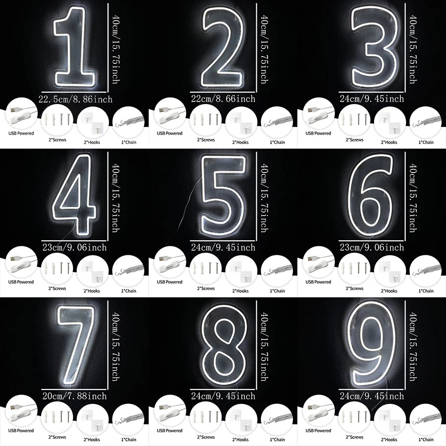 LED Neon Number Sign (0–9) — White, USB-Powered, Acrylic, Wall Decor for Birthdays & Events