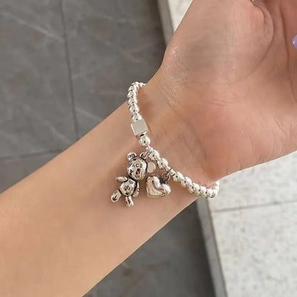 Ventfille 925 Sterling Silver Bear Pendant Bead Bracelet — Zircon, Cuff Style, Vintage Cute, Women’s Fine Jewelry
