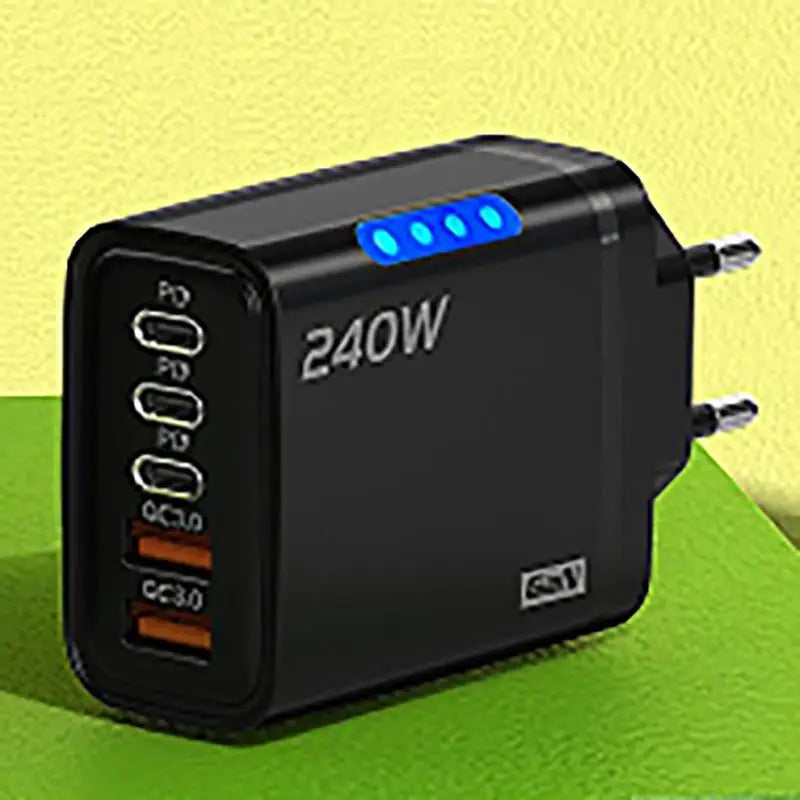 240W 5-Port GaN Wall Charger — 3x USB-C PD + 2x USB-A QC3.0, Compact, CE/UL Certified, US & EU Plug
