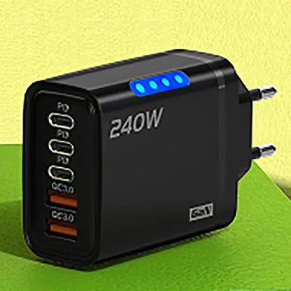 240W 5-Port GaN Wall Charger — 3x USB-C PD + 2x USB-A QC3.0, Compact, CE/UL Certified, US & EU Plug