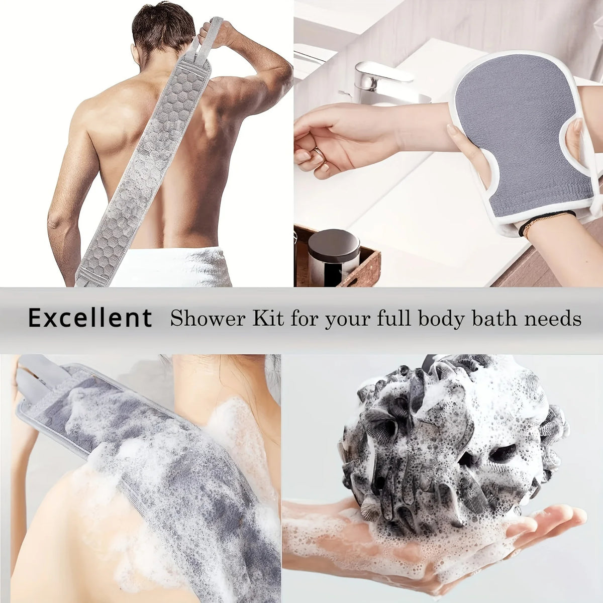 3-Piece Exfoliating Body Scrubber Set — Back Scrubber, Bath Glove & Loofah Sponge