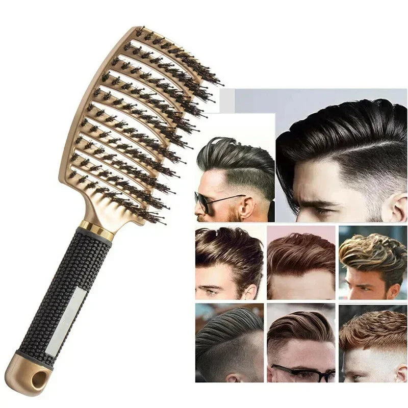 Boar Bristle Scalp Massage Hairbrush — Anti-Static, Detangling, Straight & Curly Hair, 7 Colors