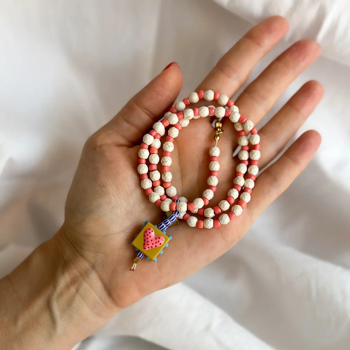 White Turquoise Bead & Heart Glass Pendant Necklace — Stainless Steel, 50cm, Boho Sweater Chain, 4 Styles
