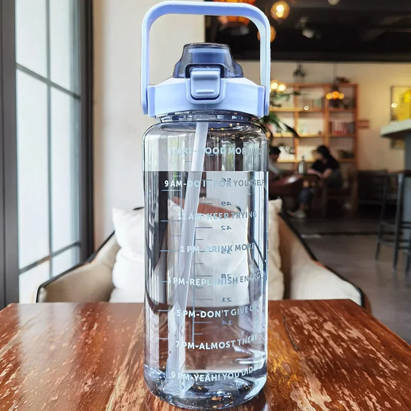 2L Motivational Water Bottle with Straw — Time Markers, One-Click Lid, Wide Mouth, 5 Colors