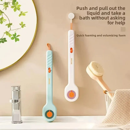 Liquid-Filled Long Handle Bath Brush — Soft Bristles, Back Scrubber, Shower Tool, All Skin Types