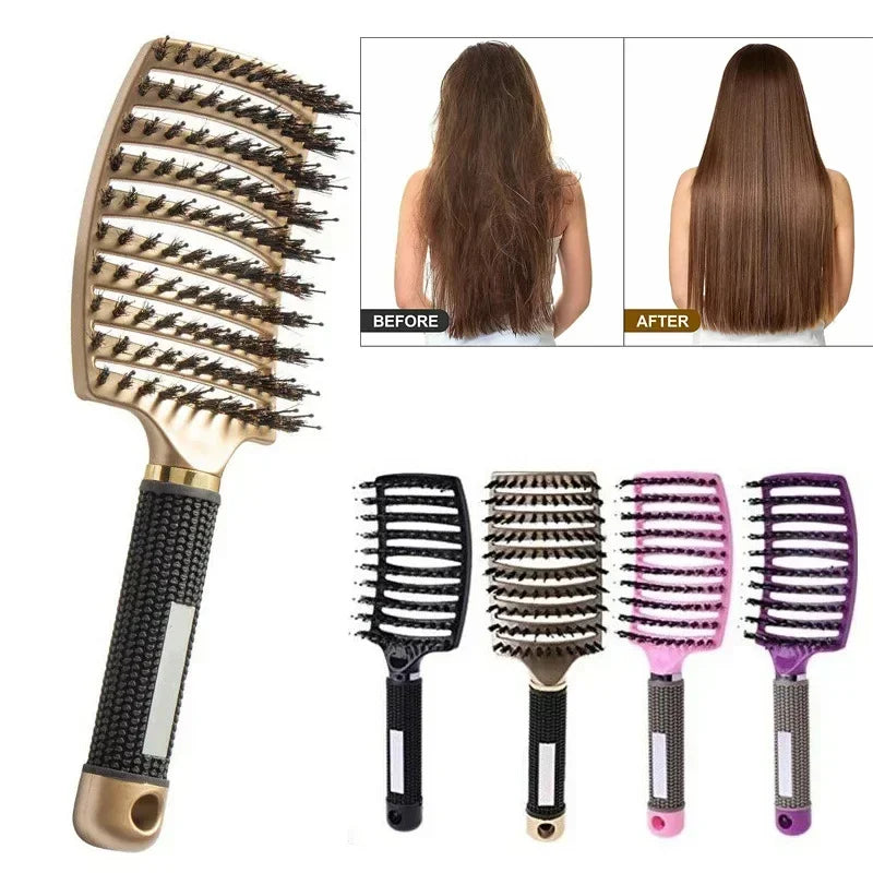 Boar Bristle Scalp Massage Hairbrush — Anti-Static, Detangling, Straight & Curly Hair, 7 Colors