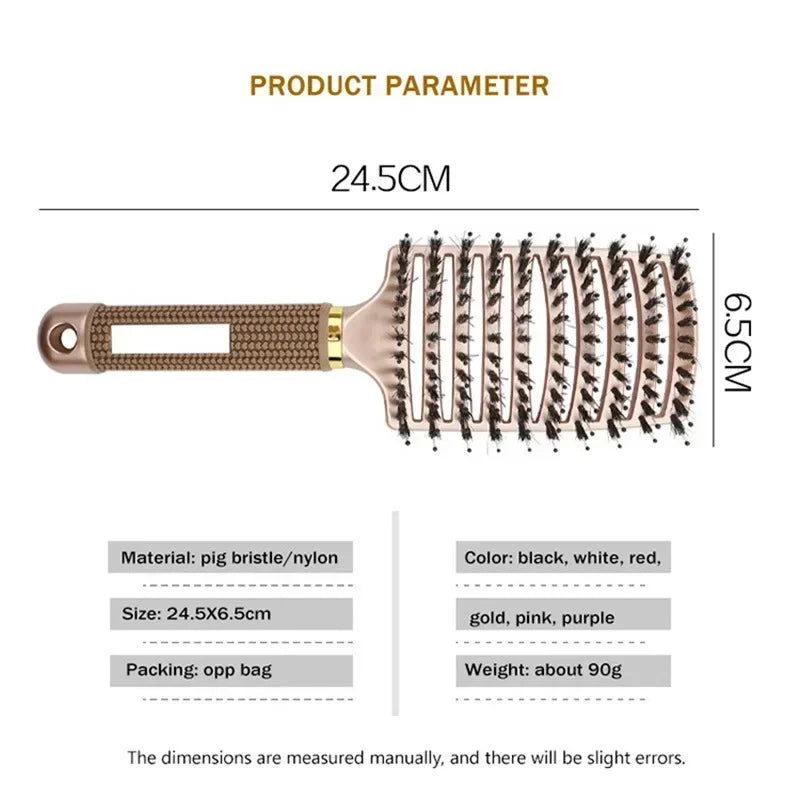 Boar Bristle Scalp Massage Hairbrush — Anti-Static, Detangling, Straight & Curly Hair, 7 Colors