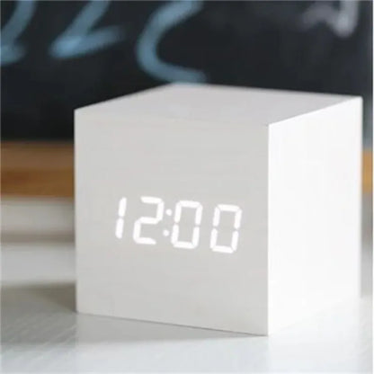 Voice Control LED Alarm Clock – Smart Wood Design with Temperature Display