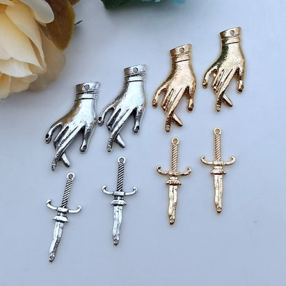 Neo-Gothic Hand & Sword Charm Pendant — Zinc Alloy, Enamel Finish, Gold or Silver, DIY Jewelry