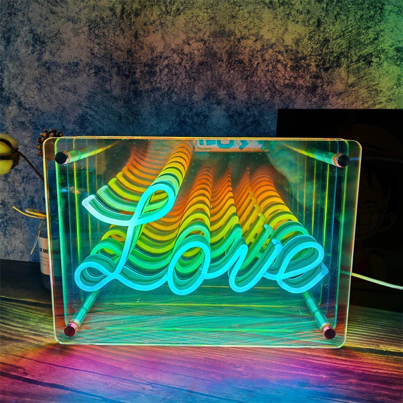 3D LED Neon Sign — LOVE or XOXO, Infinity Mirror Effect, Bedroom, Party & Gift Decor