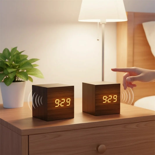 Voice Control LED Alarm Clock – Smart Wood Design with Temperature Display