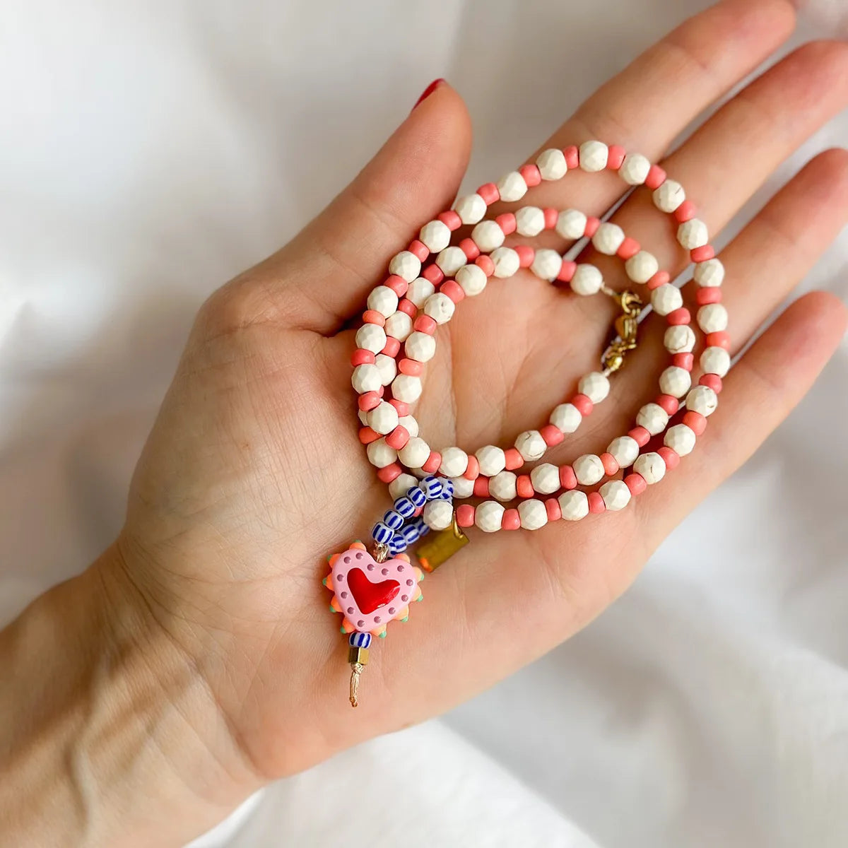 White Turquoise Bead & Heart Glass Pendant Necklace — Stainless Steel, 50cm, Boho Sweater Chain, 4 Styles