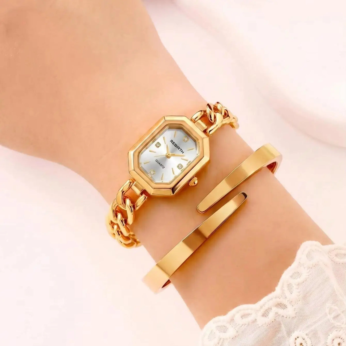 REBIRTH 2-Piece Watch & Bracelet Set — Quartz, Digital Display, Alloy, Gold, 3 Bar Splash Resistant